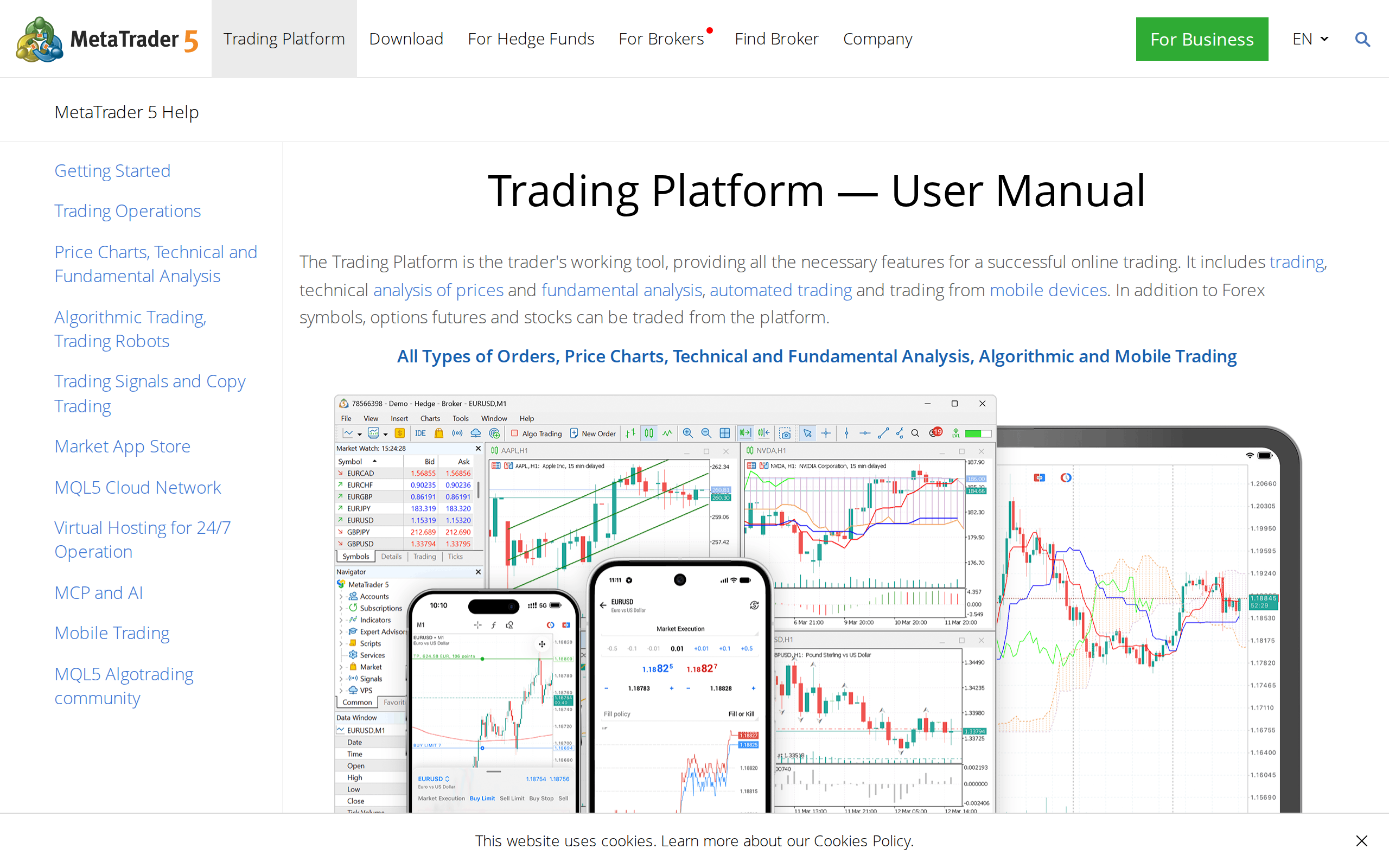 The MetaTrader 5 user manual index page listing price charts, algorithmic trading and copy trading sections