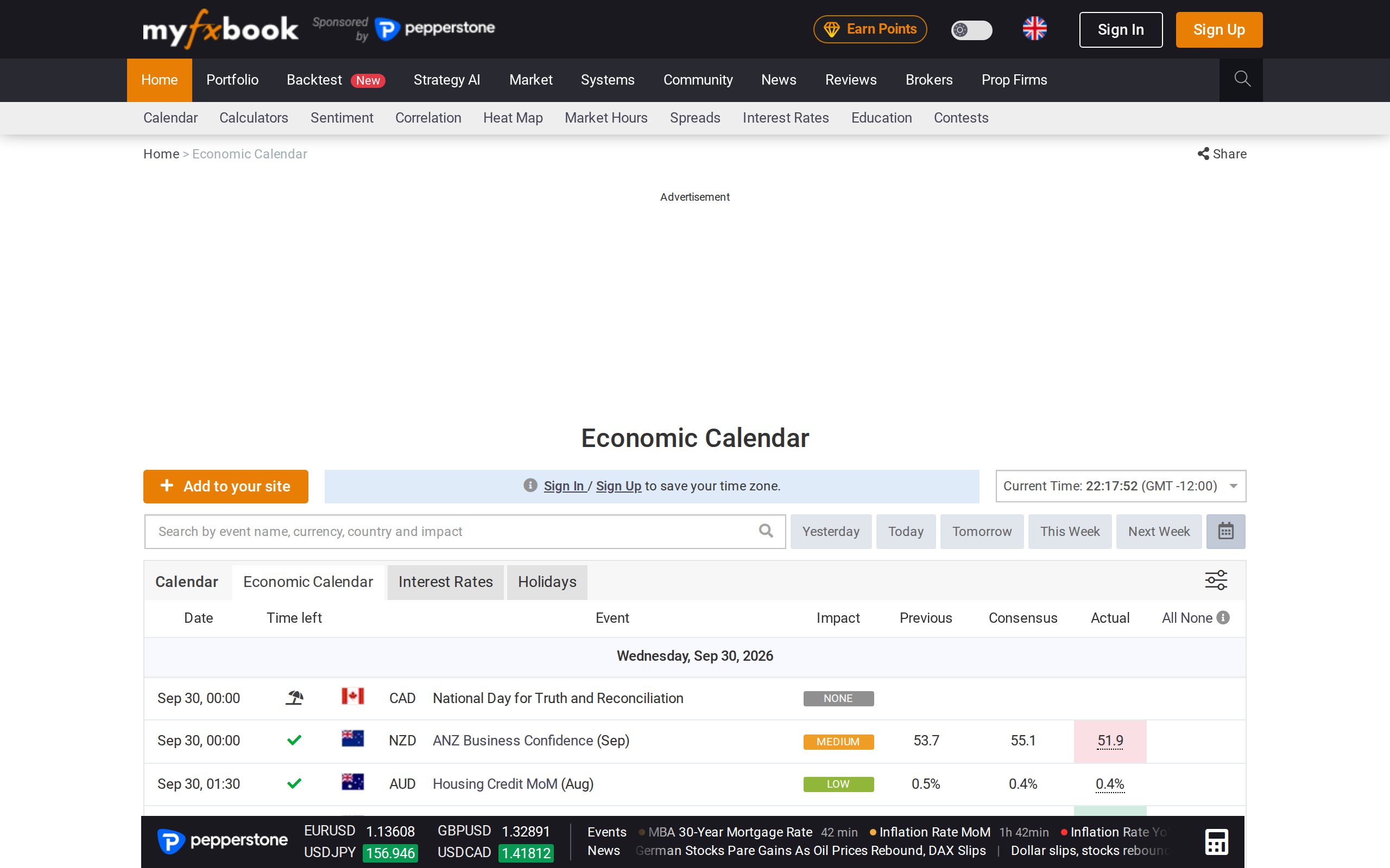 Myfxbook Economic Calendar page