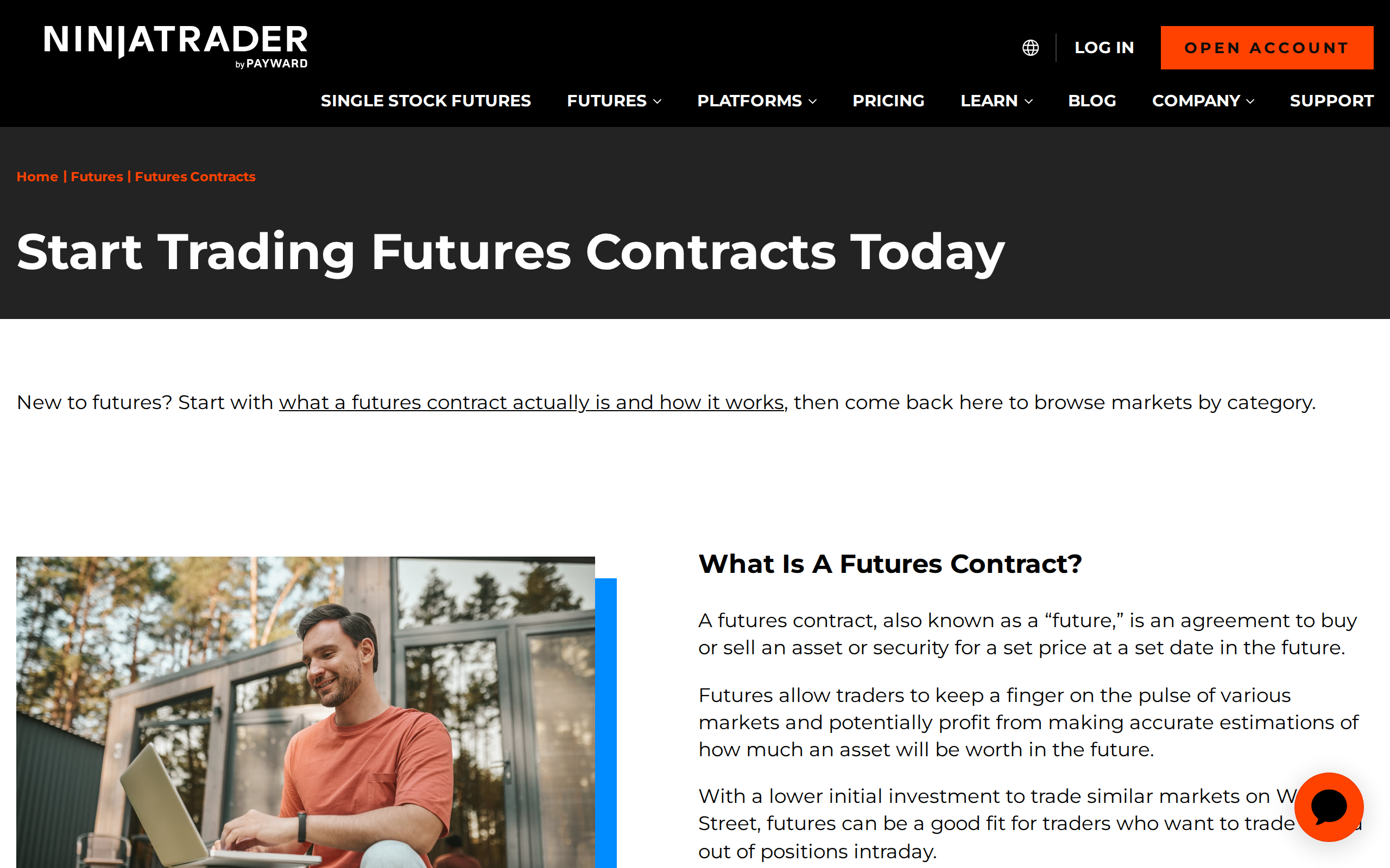 NinjaTrader page titled 'Start Trading Futures Contracts Today' with an introduction to what a futures contract is
