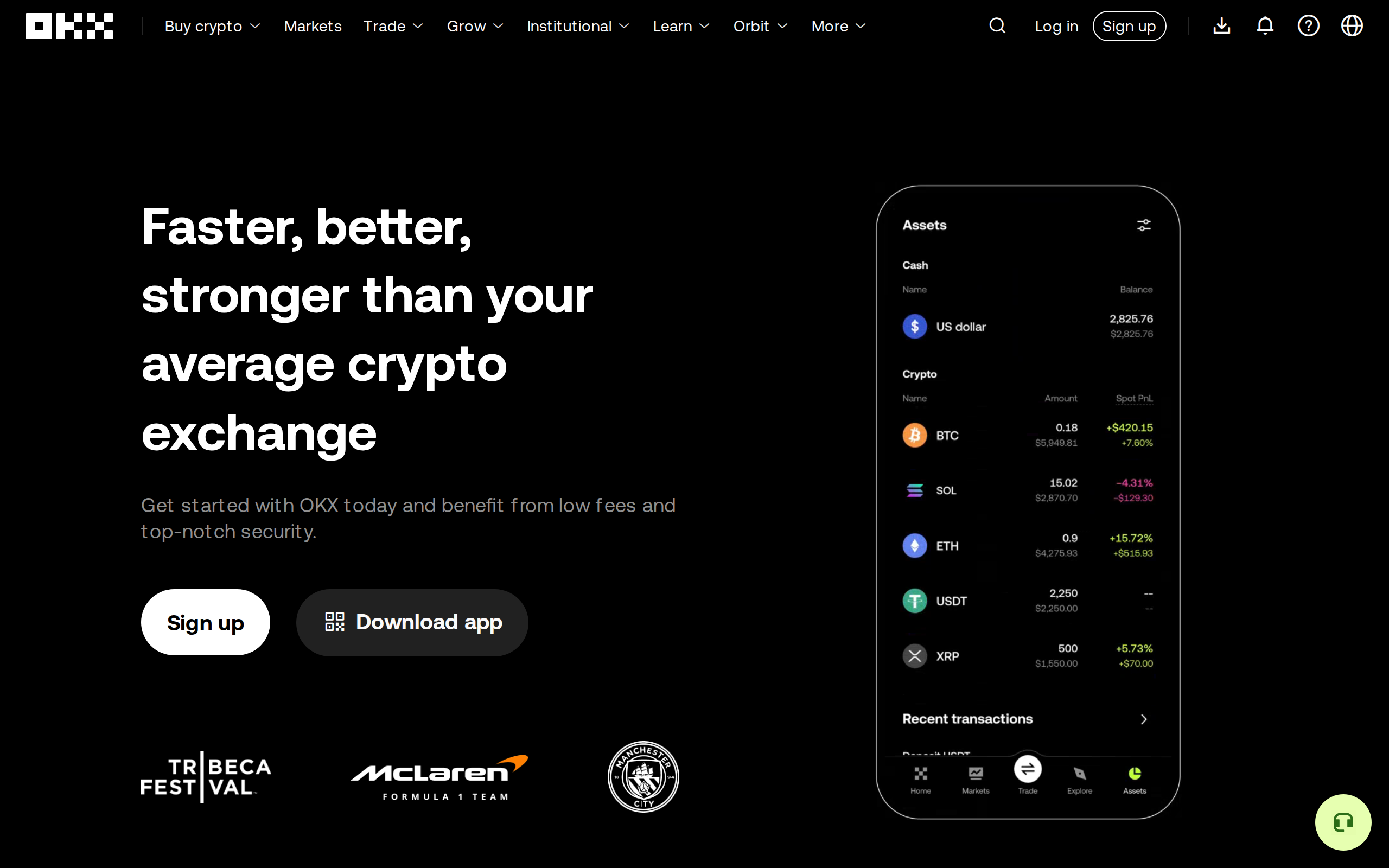 OKX homepage on a black background with the headline 'Faster, better, stronger than your average crypto exchange'