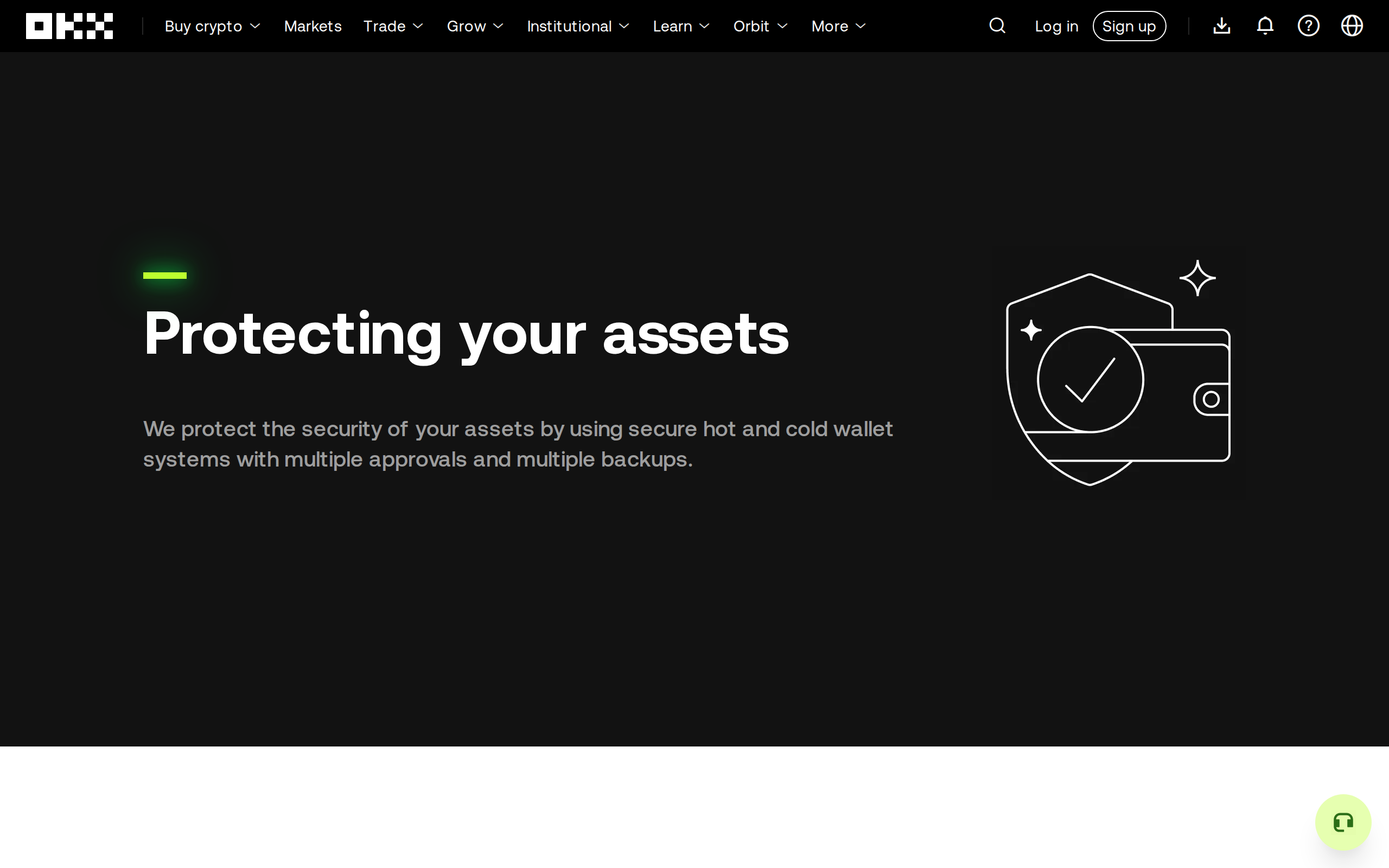 OKX wallet security page headed 'Protecting your assets' describing hot and cold wallet systems