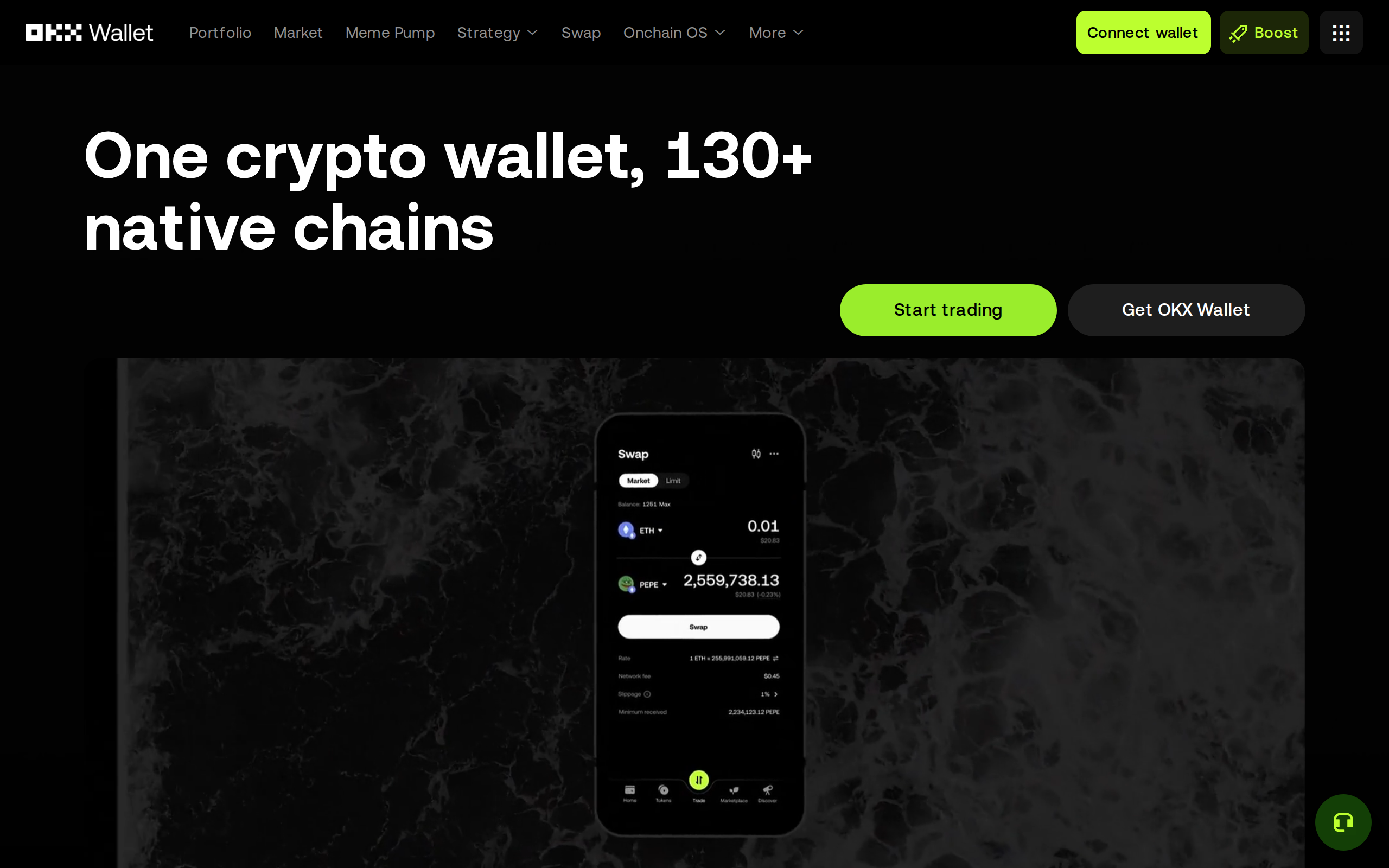 OKX Wallet page headlined 'One crypto wallet, 130+ native chains' with portfolio, market and strategy tabs