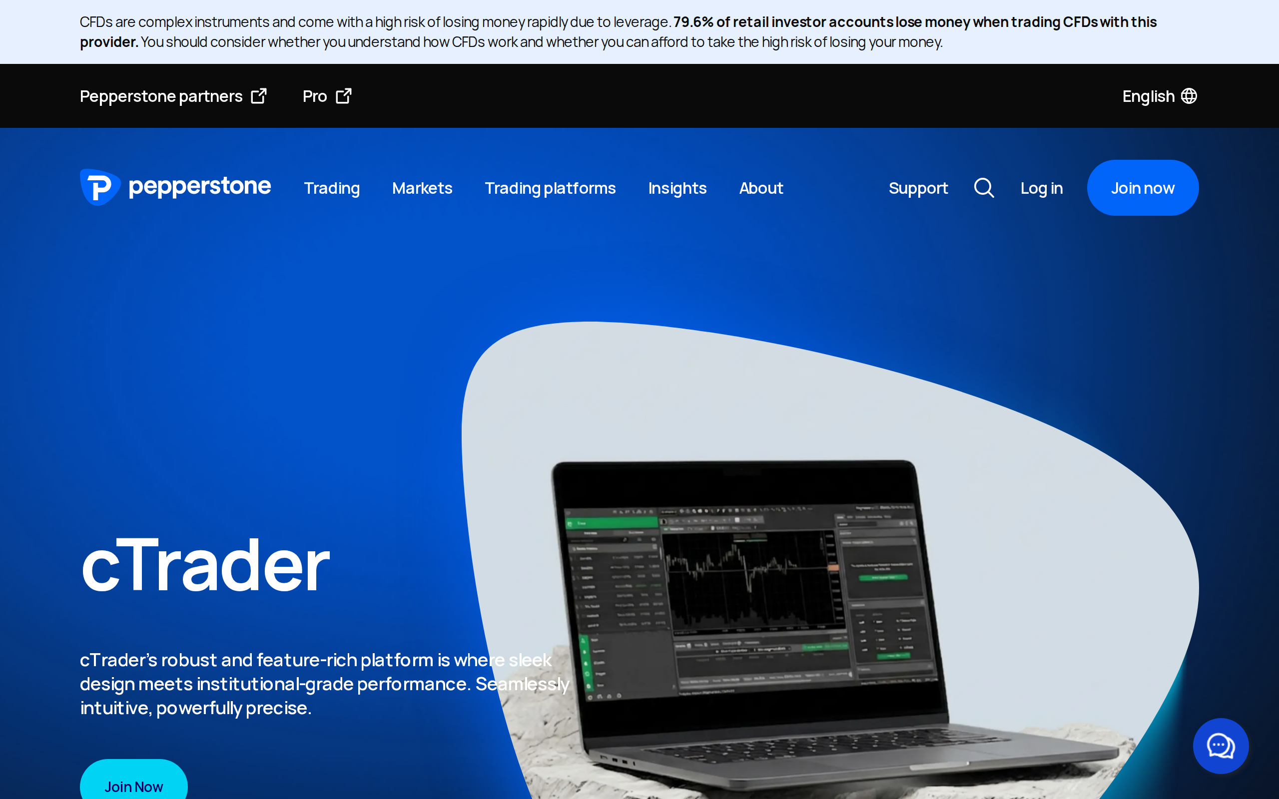 Pepperstone cTrader page showing a laptop displaying a candlestick chart