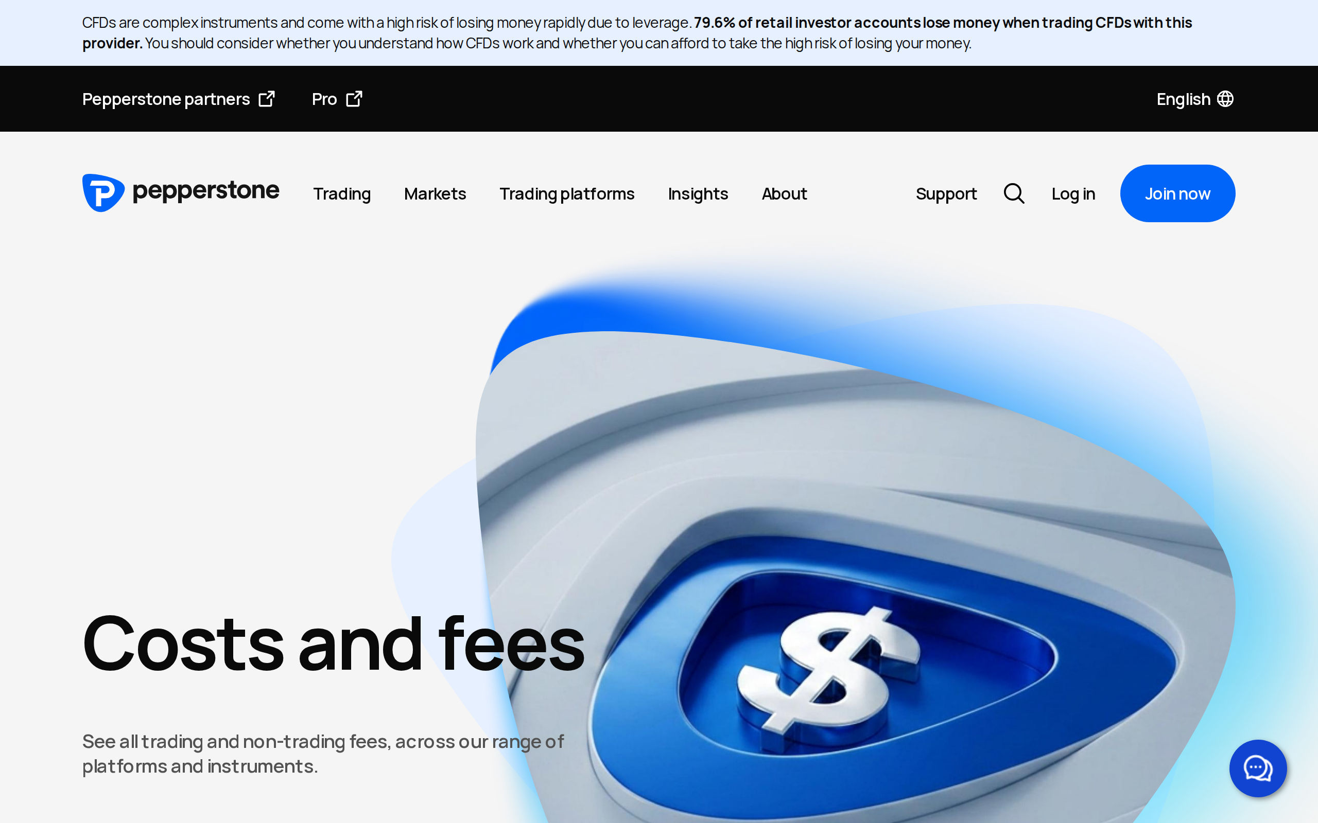 Pepperstone costs and fees page with the heading Costs and fees and a blue dollar sign illustration