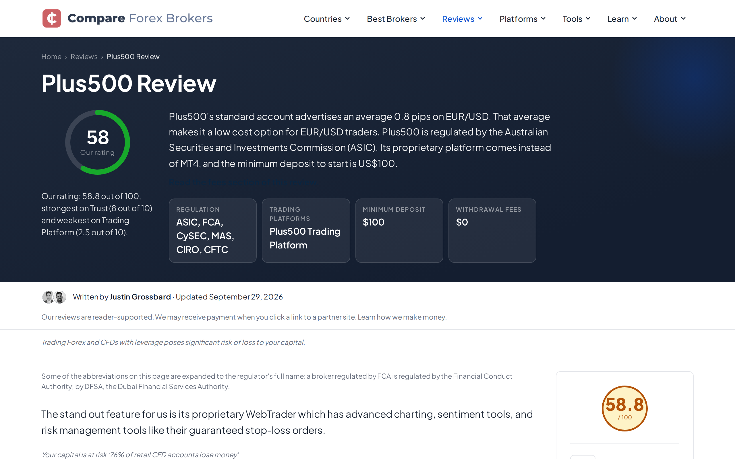 CompareForexBrokers' Plus500 review page with its country and award menu at the top