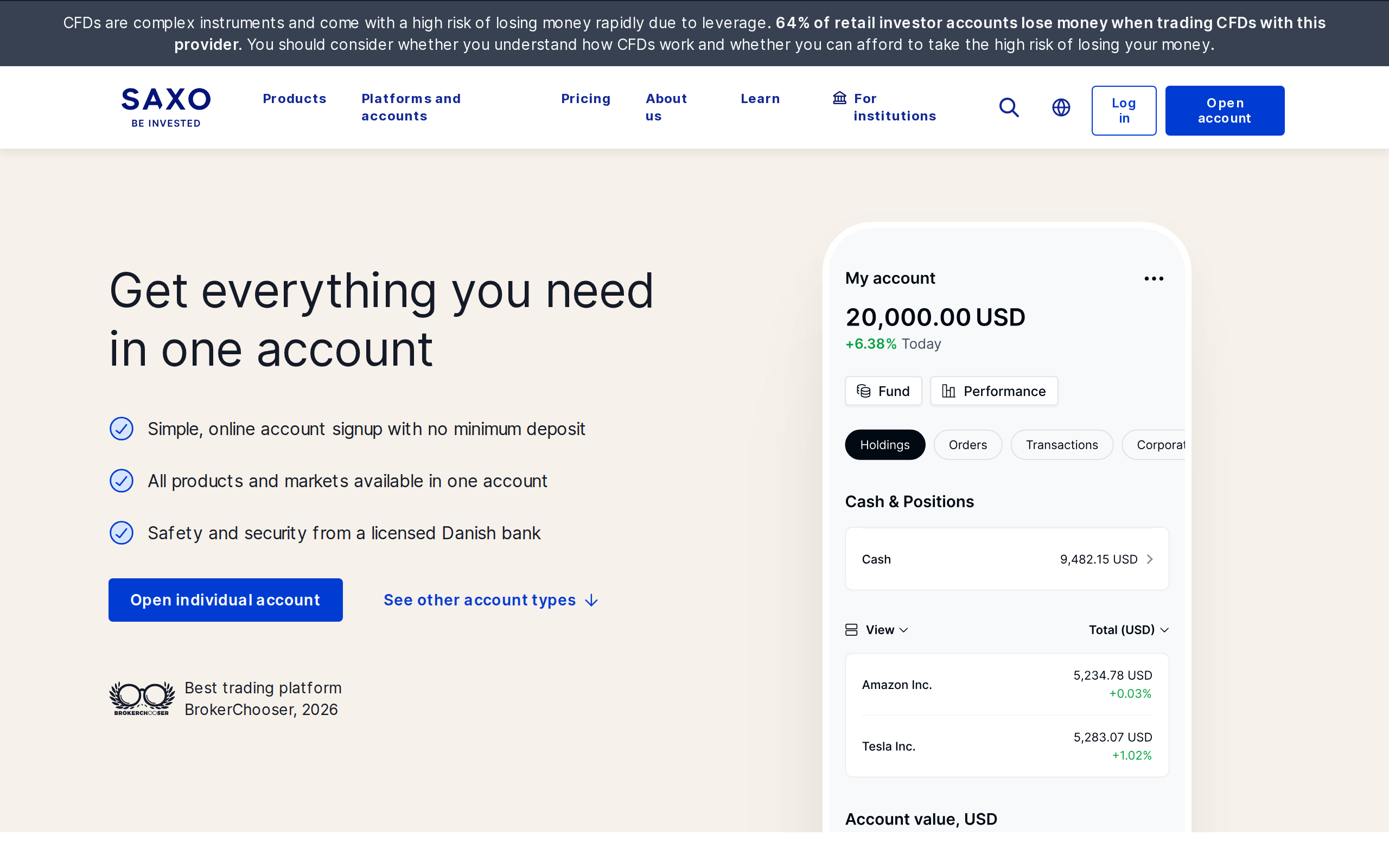 Saxo individual account page headed 'Get everything you need in one account' with a signup with no minimum deposit