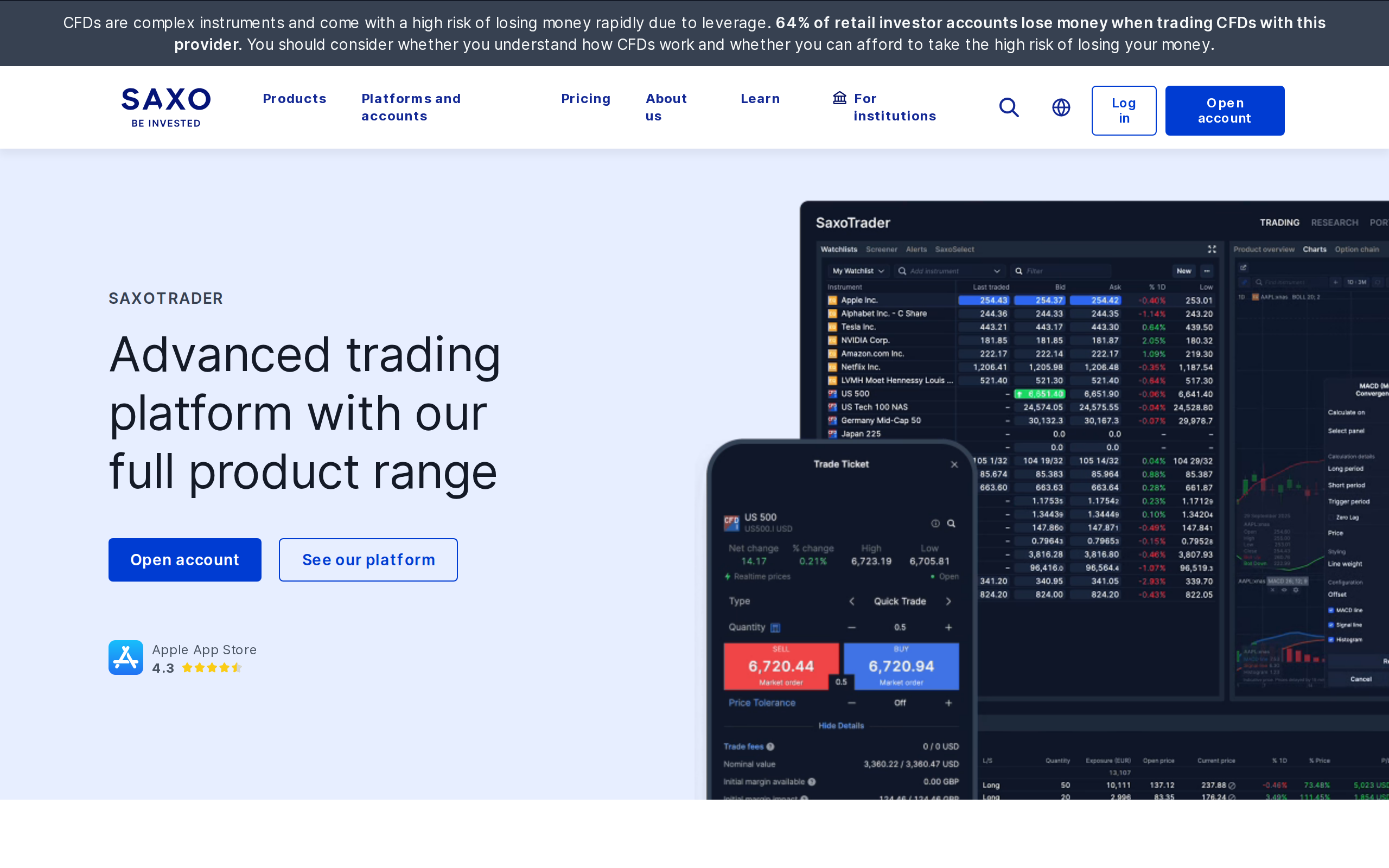 Saxo trader page headed 'Advanced trading platform with our full product range' above a product video