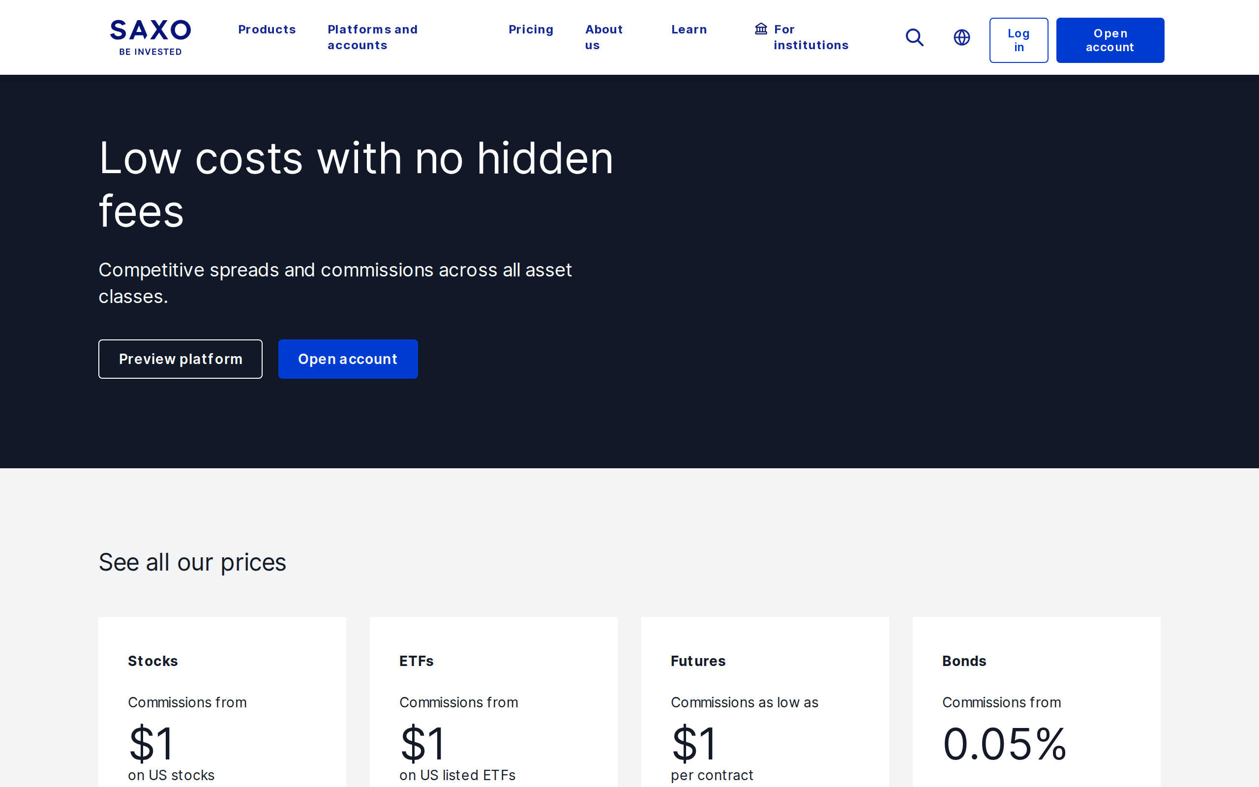 Saxo pricing overview headed 'Low costs with no hidden fees' with commission ranges for stocks and ETFs