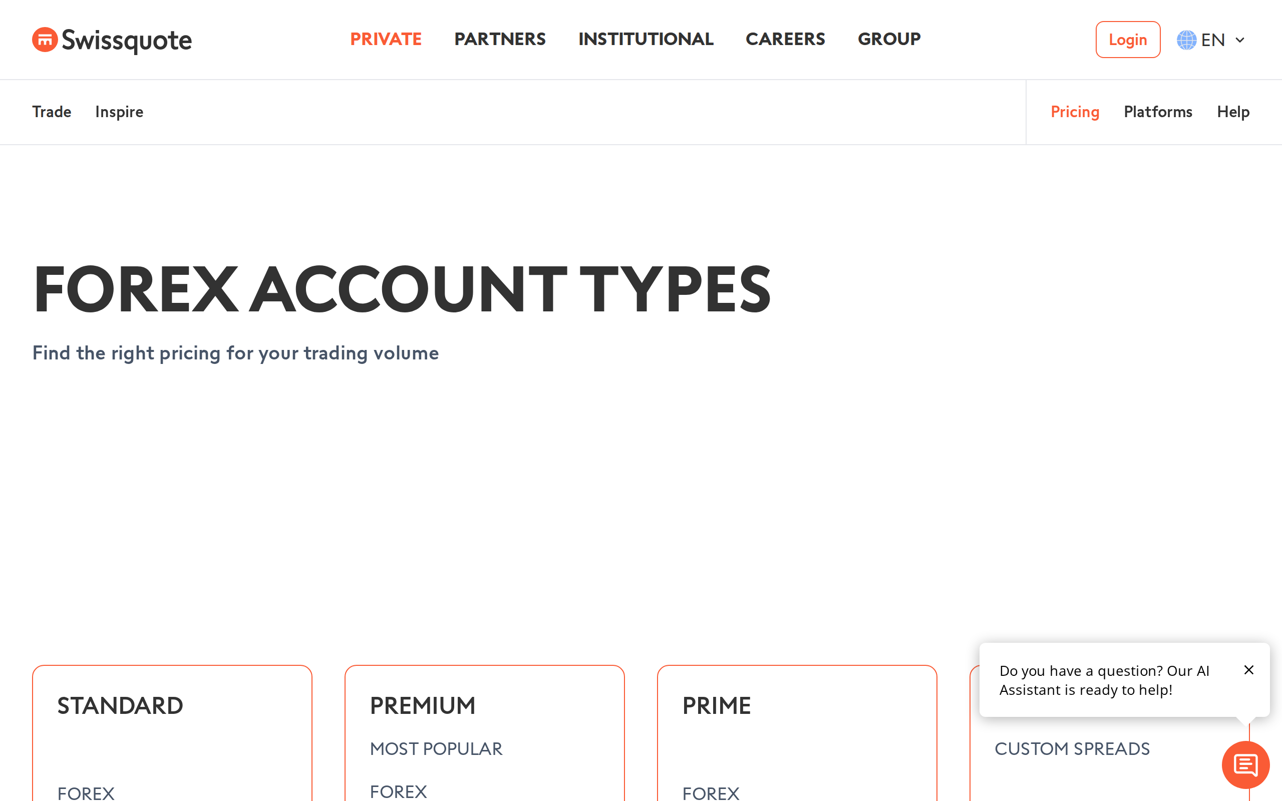 Swissquote page headed FOREX ACCOUNT TYPES with the line find the right pricing for your trading volume