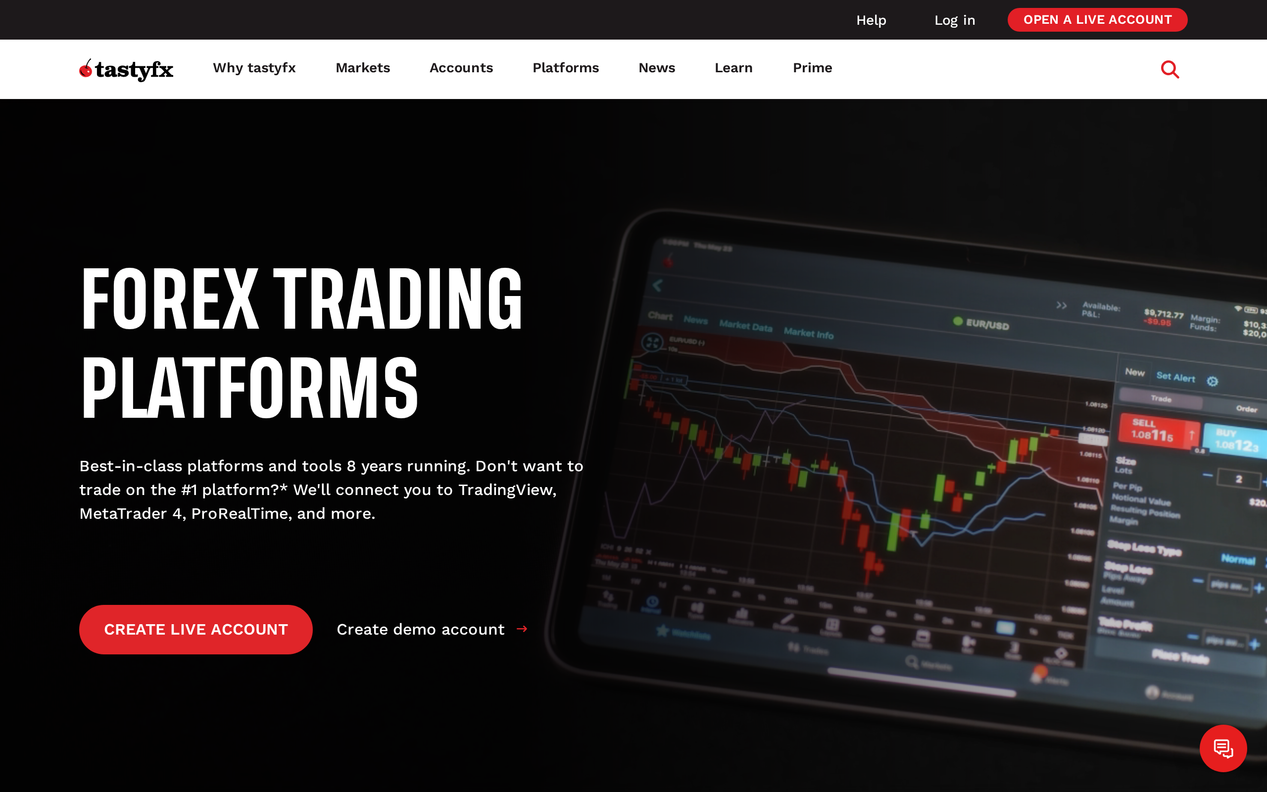 tastyfx platforms page headed FOREX TRADING PLATFORMS with a video demonstrating the trading interface