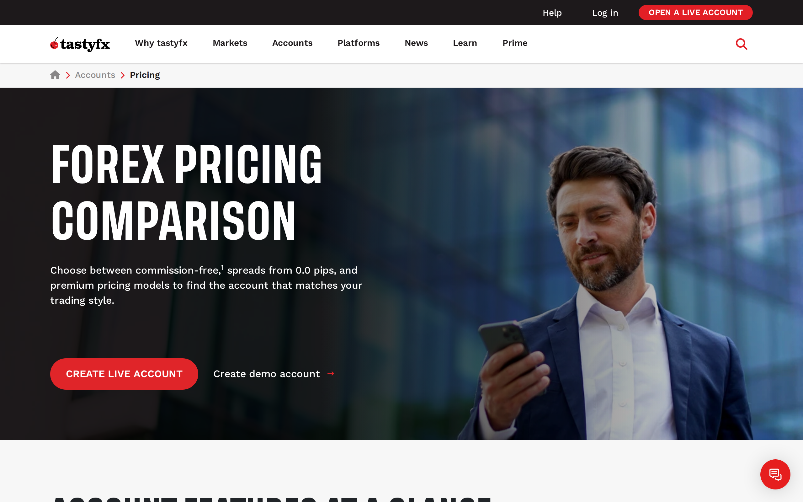 tastyfx page headed FOREX PRICING COMPARISON with the section ACCOUNT FEATURES AT A GLANCE