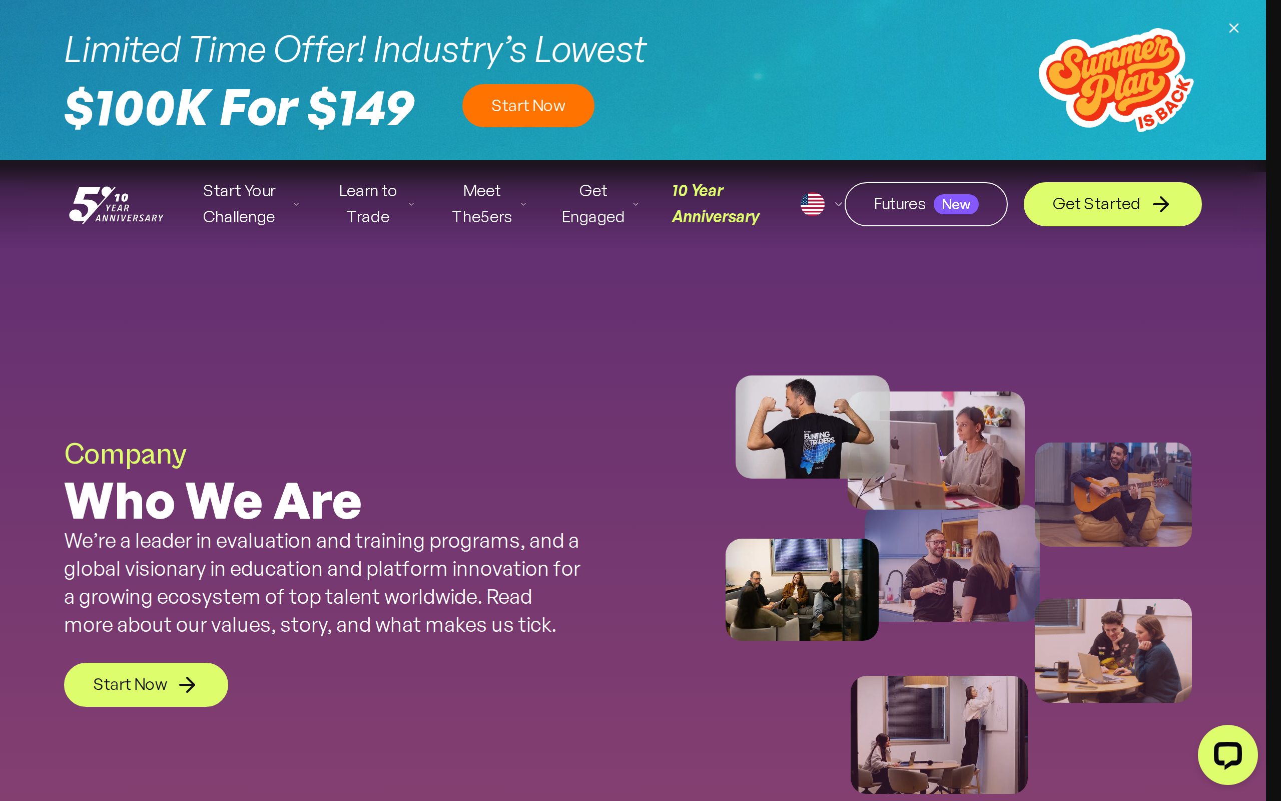 The5ers company page headed 'Company' and 'Who We Are', with promotional prices of $100 and $149 in the banner