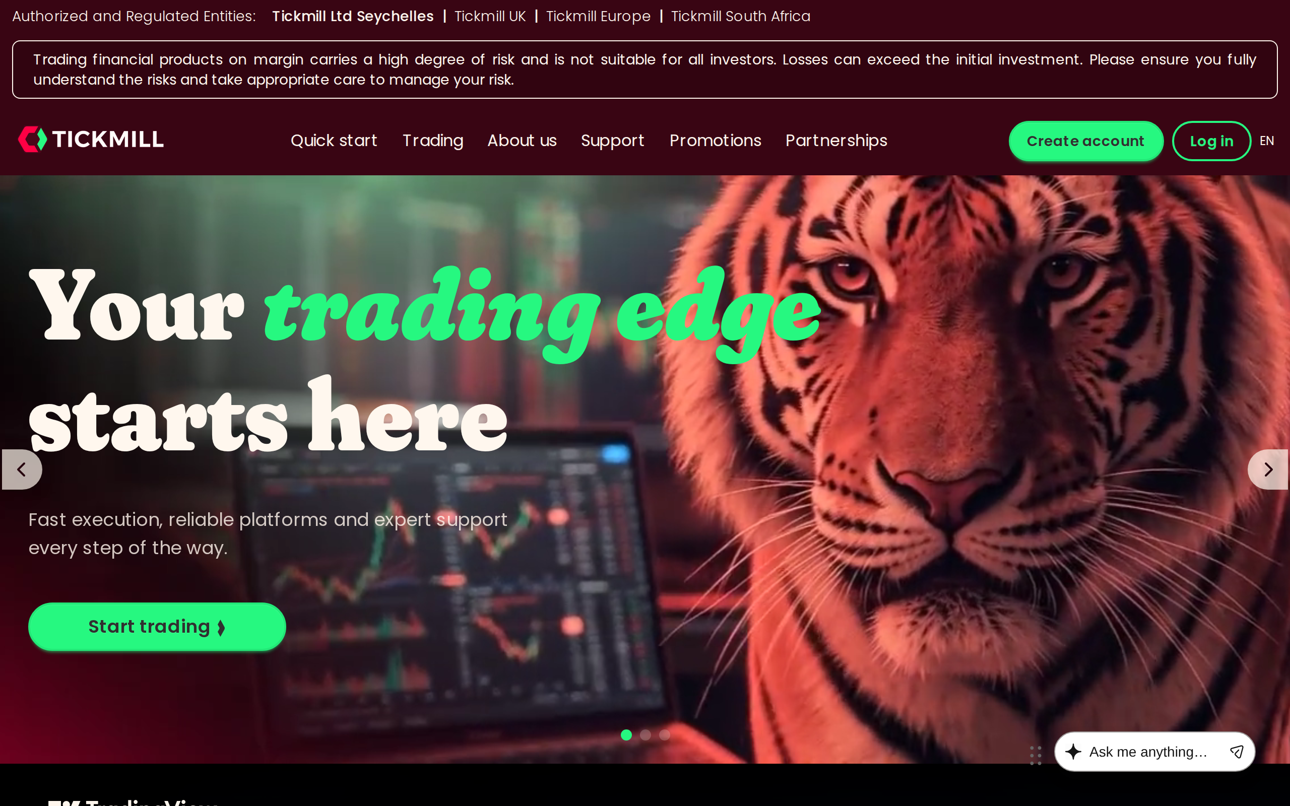 Tickmill homepage headed 'Your trading edge starts here' with a strip listing authorised and regulated entities