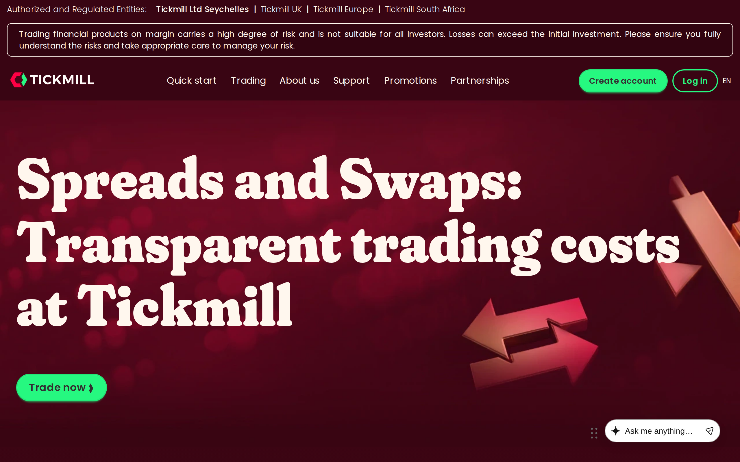Tickmill spreads and swaps page headed 'Spreads and Swaps: Transparent trading costs at Tickmill'