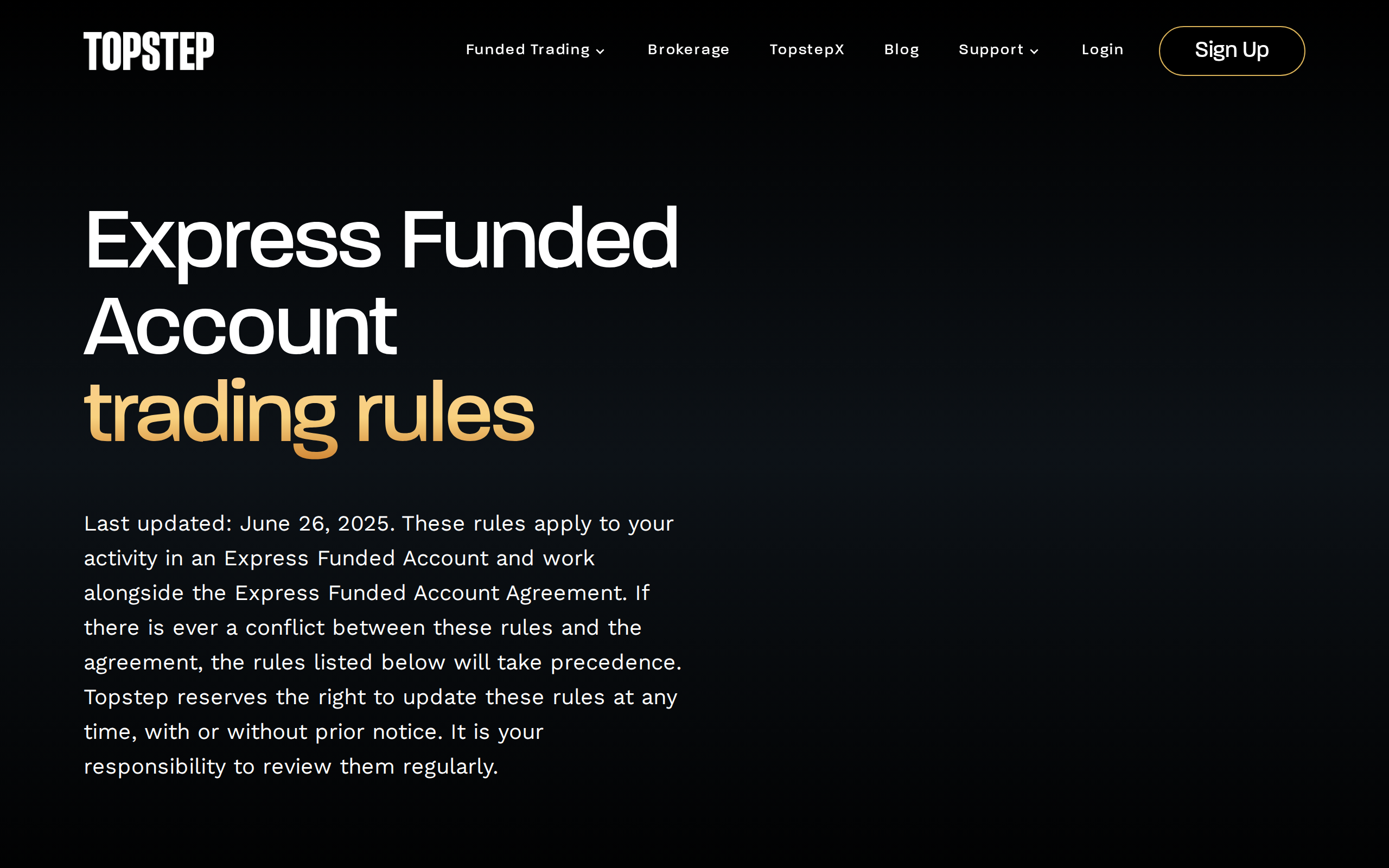 Topstep Express Funded Account trading rules page with the heading Express Funded Account trading rules