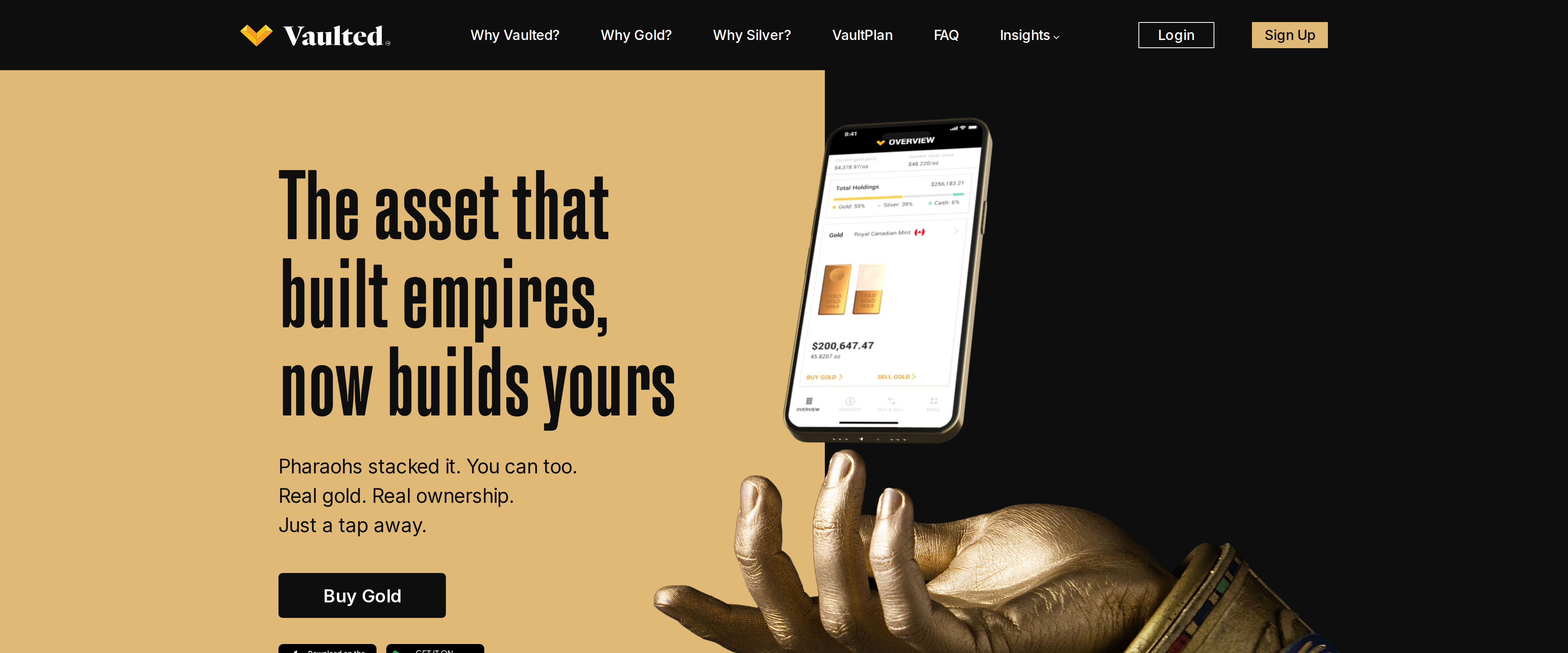 Vaulted homepage with the headline The asset that built empires, now builds yours above a King Tut hand illustration