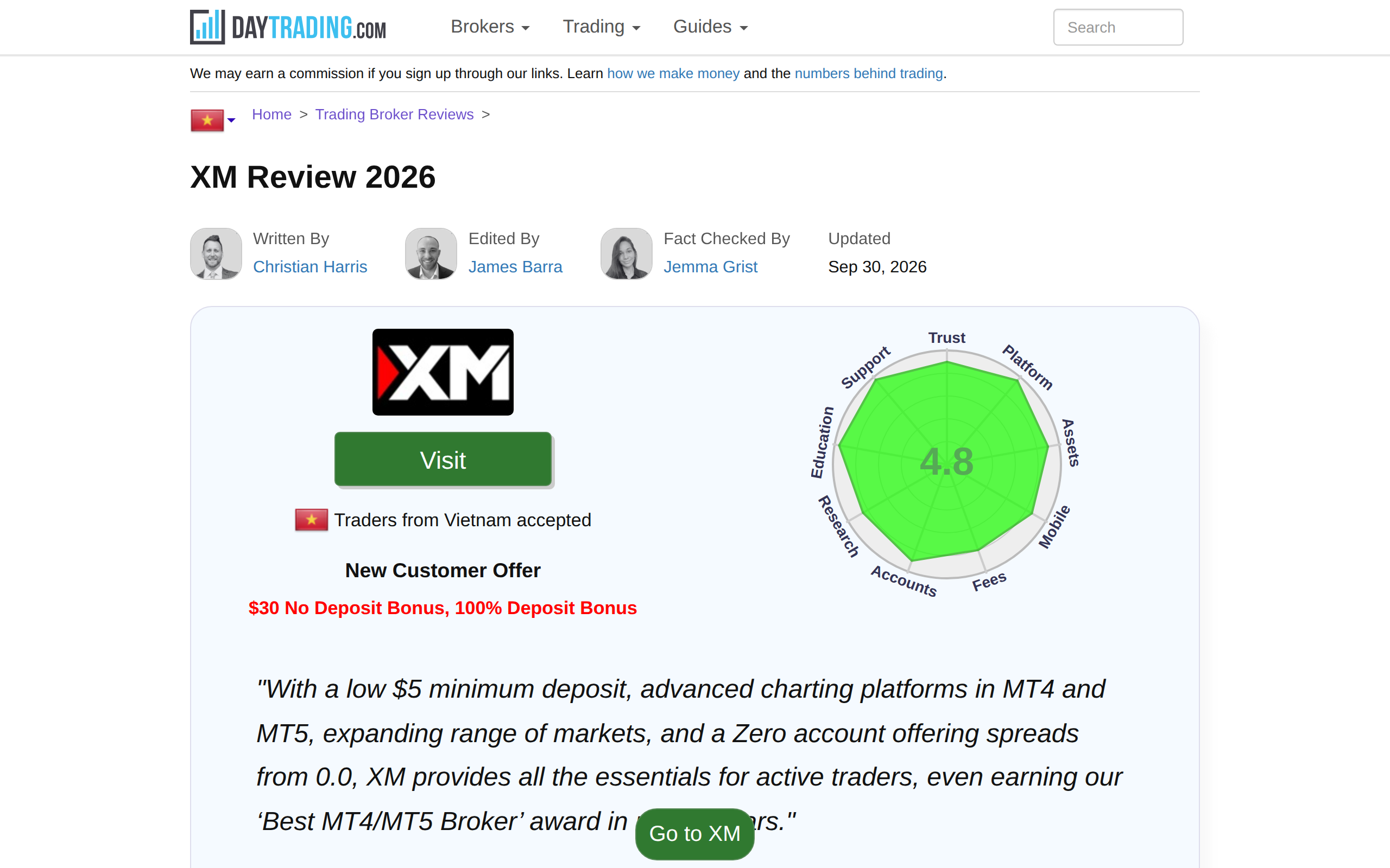 DayTrading.com's XM review page with its verdict graphics and a $30 bonus figure