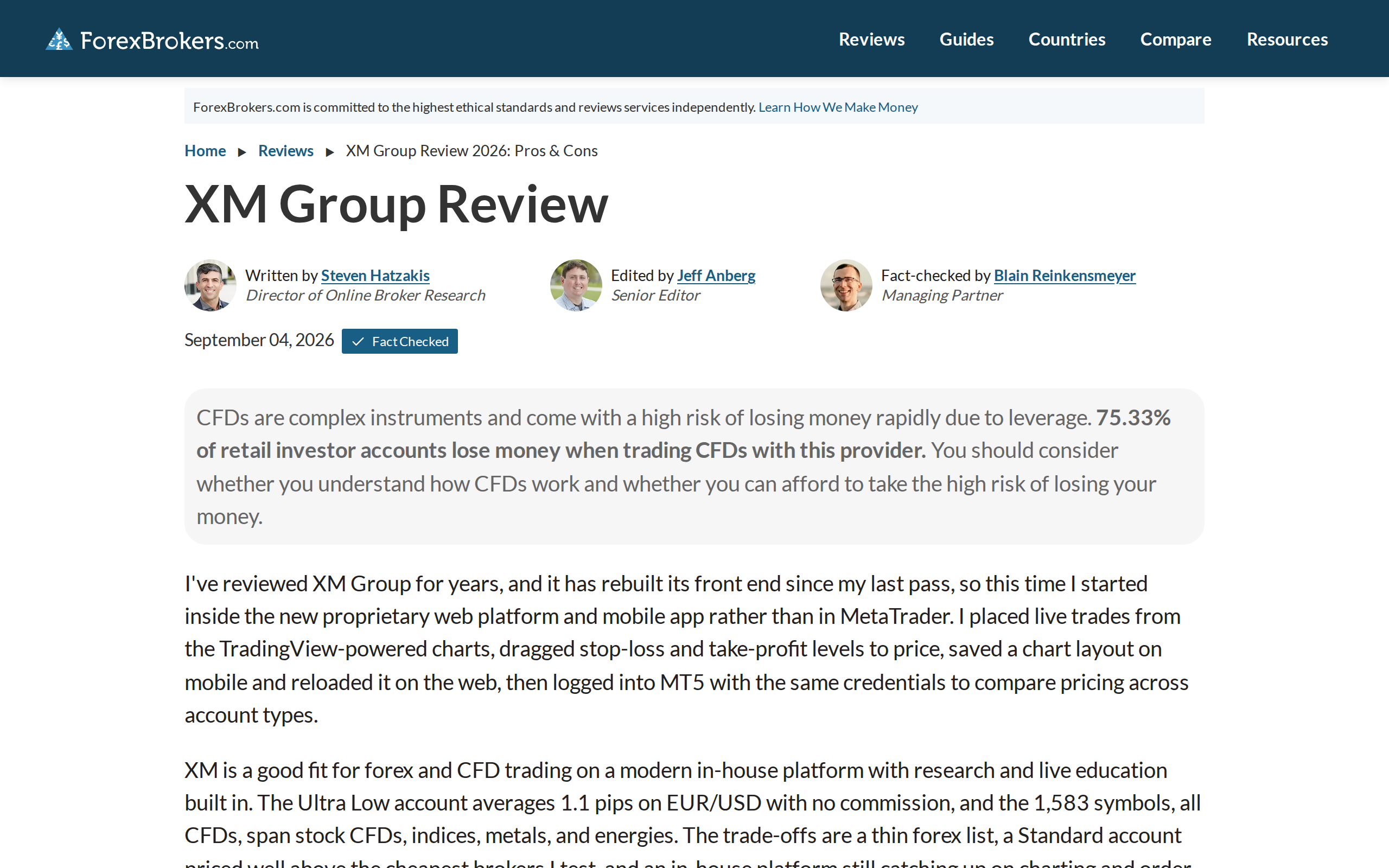ForexBrokers.com's XM Group review page, showing author, editor and fact-checker credits