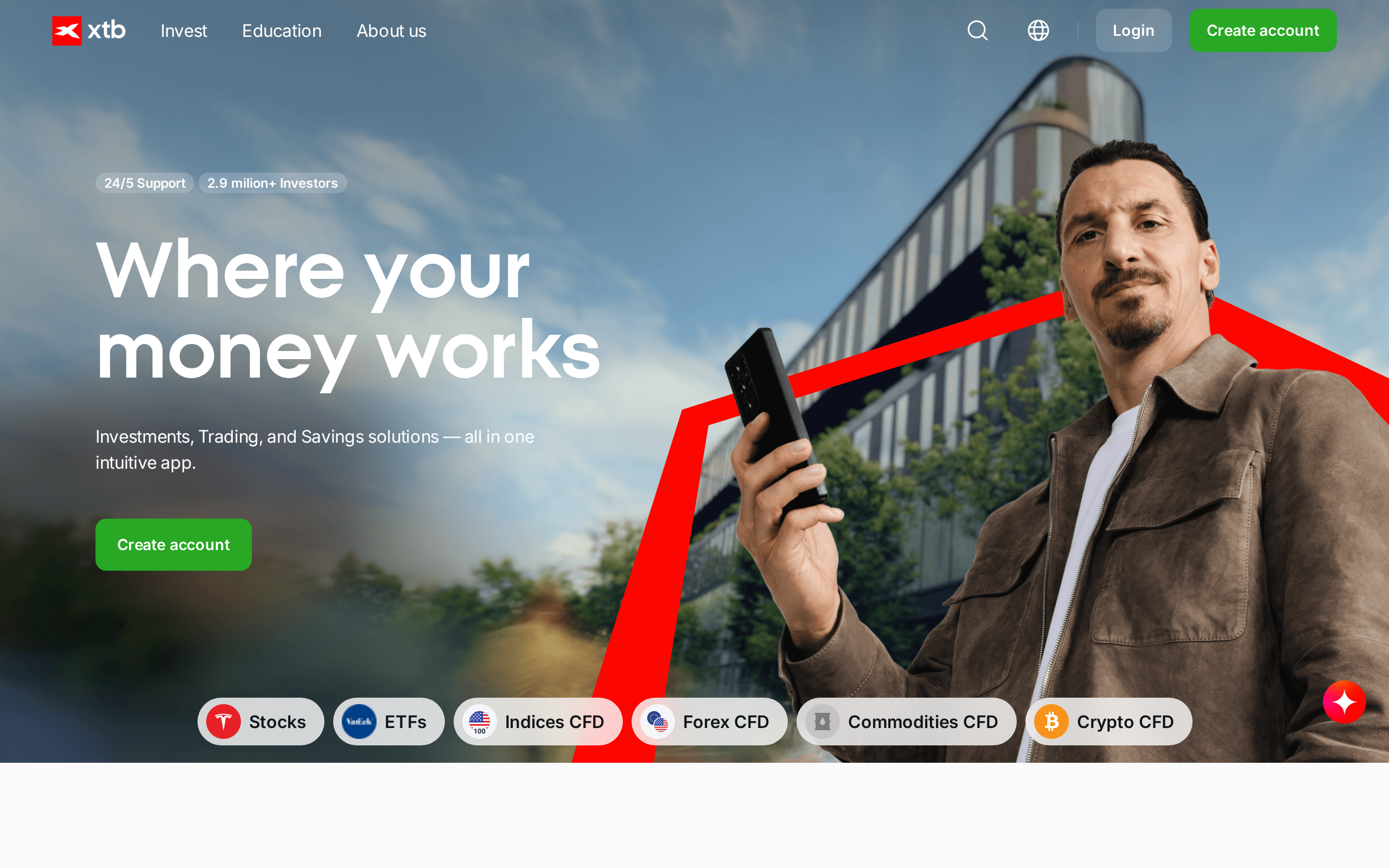 XTB international homepage with the headline 'Where your money works' and a line about investments, trading and savings in one app